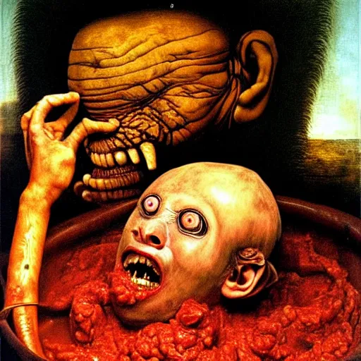 Image similar to a boy like eraserhead and elephant man sitting in a tub full of tomato sauce, looking straight into camera, screaming in pain, by giuseppe arcimboldo and ambrosius benson, renaissance, fruit, intricate and intense oil paint, a touch of beksinski and hr giger, realistic