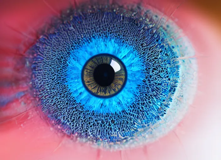 Prompt: macro photo of a eye with big blue and colorful fractal iris , detailed, photorealistic , macro photography