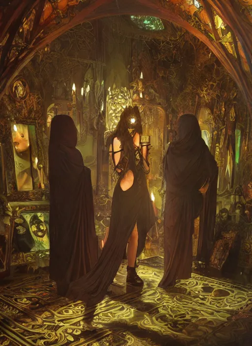 Image similar to mindcontrol inside covens den, intricate wiccan scene detailing, textless, masked wiccan photorealistic figures, hyperdetailed, photorealistic, diffuse lighting, hdrp, artstation, unreal 5, smooth, sharp focus, art by john collier, albert aublet, krenz cushart, artem demura, alphonse mucha