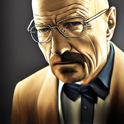 Image similar to walter white in a suit, painting, artgerm, trending on artstation, 4 k highly detailed art, octane render, 3 d, unreal engine, greg rutkowski