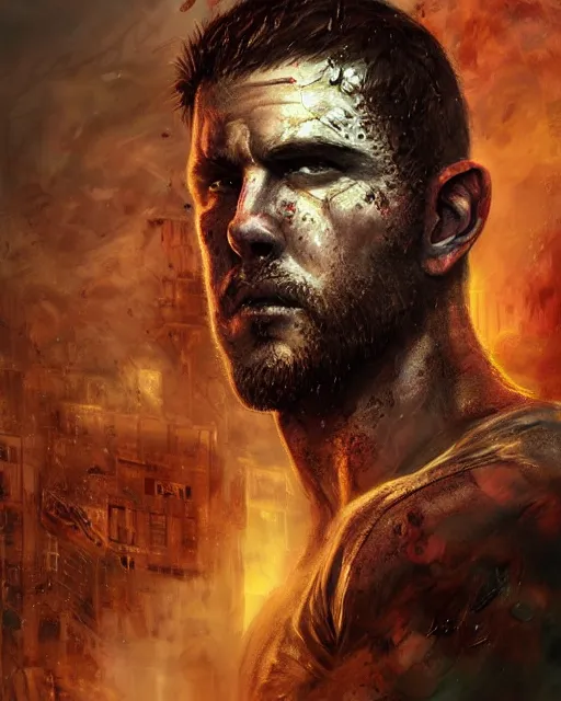 Prompt: battle hardened, charismatic, rugged chris redfield, face centered portrait, confident, ruined cityscape, zombies, fog, rain, volumetric lighting, soft light particles floating near her, illustration, perfectly shaded, soft painting, art by leesha hannigan, ross tran, thierry doizon, kai carpenter, ignacio fernandez rios