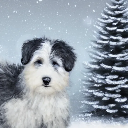 Image similar to cute fluffy grey and white sheepdog puppy sitting in snowy winter landscape with holiday trees detailed painting 4k