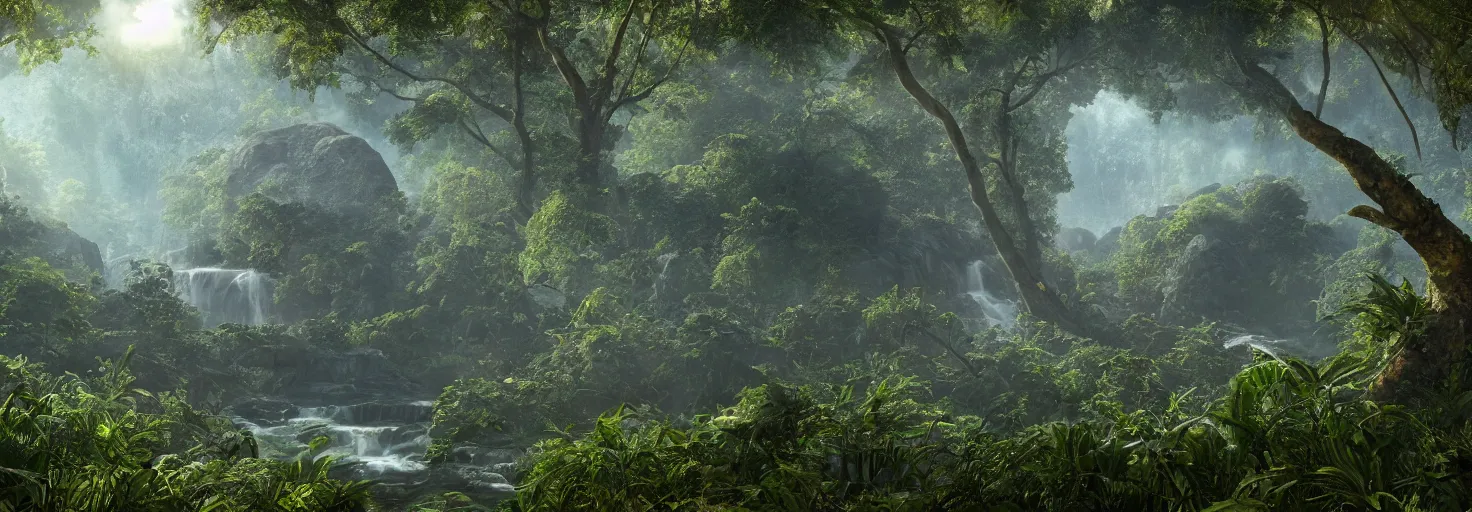 Prompt: a beautiful picture of a giant newton\'s cradle in the jungle, 8k, 4k, trending on artstation, photorealism, unreal engine