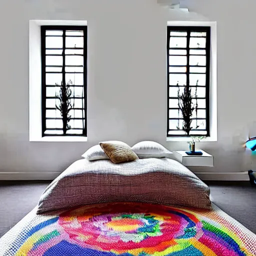 Prompt: Bedroom with Minimalistic Art on the walls, white furniture, Multi colored Mandala Rug, big windows with sunlight coming in