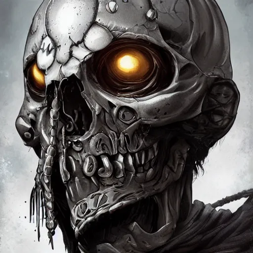 Prompt: a silver skull face african necromancer, Apex Legends character digital illustration portrait design, by android jones, detailed, cinematic lighting, wide angle action dynamic portrait