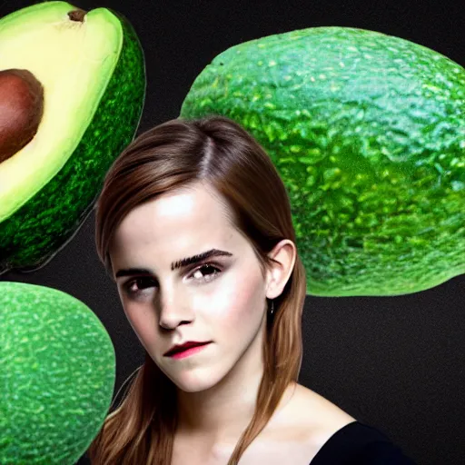 Image similar to photograph of emma watson with green avocado skin, anthropomorphic, photoshop