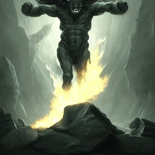 Image similar to full body, grayscale, muscled humanoid balrog demon, horns, claws, large horned tail, heroic pose, flames, fire, tarot, Gustave Dore, Greg Rutkowski,