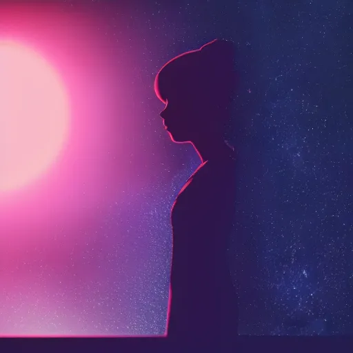 Prompt: a silhouette of a girl looking out a large window at a space scene, lofi aesthetic volumetric lighting, dramatic, realistic, intense