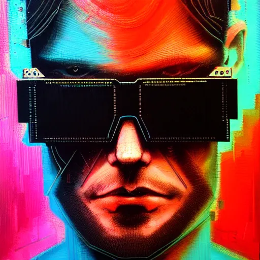 Prompt: hyperrealistic portrait of a cyberpunk man in cyberspace, by Guy Denning, Johannes Itten, Russ Mills, futuristic glasses, hacking effects, detailed lines, color blocking!, acrylic on canvas, insane detail, intricate, front view, symmetrical, octane, concept art, abstract, artistic, 8k, cinematic, trending on artstation