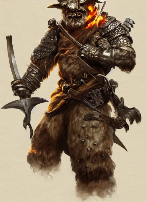 Image similar to photorealistic bugbear ranger holding sword on fire, magic, black beard, dungeons and dragons, pathfinder, roleplaying game art, hunters gear, jeweled ornate leather and steel armour, concept art, character design on white background, by sargent, norman rockwell, makoto shinkai, kim jung giu, artstation trending, poster art, colours red