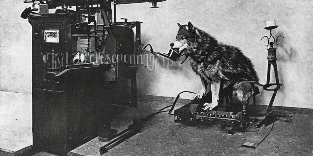 Prompt: anthropomorphic furry wolf controlling an obscure machine, 1900s photograph