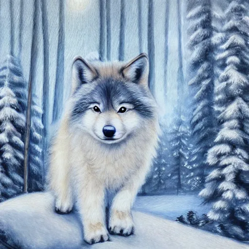 Image similar to cute fluffy wolf cub sitting in snowy winter forest landscape detailed painting 4k