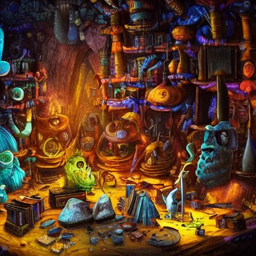 Image similar to these monsters are consumed by fire, yet they remain unharmed. they are surrounded by the tools of the alchemist's trade - beakers and test tubes full of colorful liquids, crystals, and books of ancient knowledge. the scene is suffused with an eerie glow, as if something magical is happening here. dramatic lighting epic glows eerily beautiful photograph