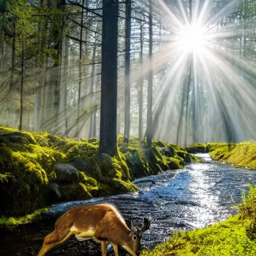 Prompt: a forest with sunlight shining through the branches of trees, a river flows through with a deer drinking the water, a golden eagle flies close to the camera 4k