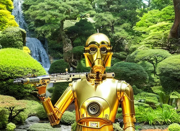Image similar to C-3PO sitting in a lush japanese garden, C-3PO is holding an ar-15, waterfall, bright sun, still from star wars, shot on film, depth of field, nature show, incredible detail, dramatic lighting