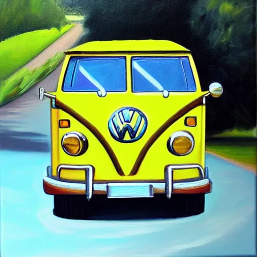 Prompt: a oil painting of a front view vw bus