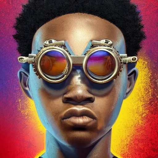 Image similar to colourful vfx upper half - portrait - art of a nigerian boy wearing steam punk goggles, art by utagawa kunisada & james jean, symmetrical, intricate detail, concept art, volumetric light, ray tracing, digital illustration, octane 3 d render, unreal engine, sharp, 8 k post process, pinterest, behance, art station,