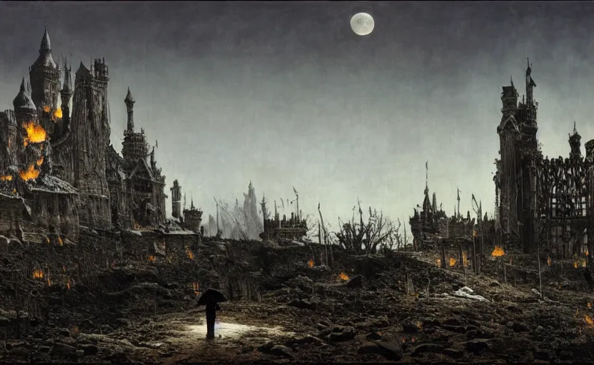 Prompt: a picture in high contrast by vasily vereshchagin of burning!!! gothic! castle in smoke and ashes by the village, full moon in clouds!, visual art, 8 k resolution, 3 d modelling, hard lighting, masterpiece, vray