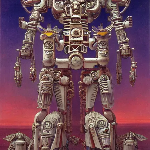 Image similar to elaborate mayan art deco mecha by j. c. leyendecker, barlowe, makoto kobayashi, and beksinski