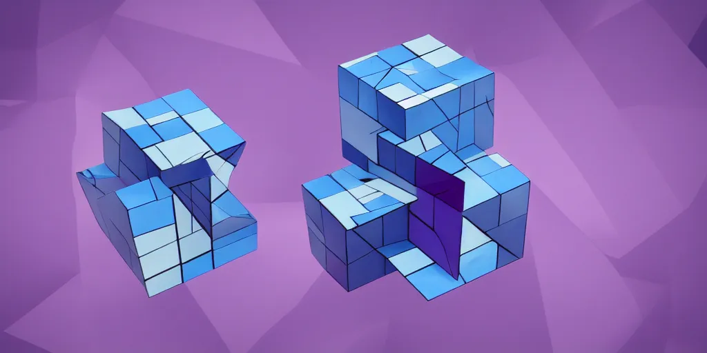 Prompt: a painting of a blue and purple abstract scene, a cubist painting by erno rubik, trending on behance, crystal cubism, isometric, rendered in cinema 4 d, behance hd