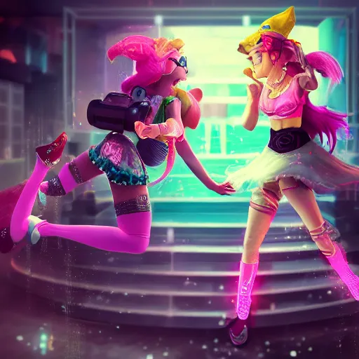 Prompt: a girl like jinx and Princess peach, dancing, background jet ground radio, fullshot, raytrayced, octane render, epic composition, intricate details, dark neon punk, by myanko