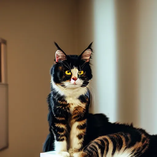 Image similar to very cute huge calico main coon towers over shorthair domestic cat in office, portrait, pixar style, cinematic lighting, award winning creature portrait photography