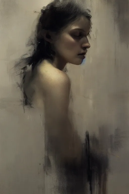 Image similar to detailed cinematic moody colors studio portrait of the melancholic memories of a sensual lady, high quality by jeremy mann, only one head single portrait