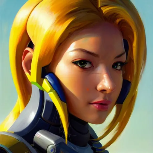 Image similar to Greg Manchess portrait painting o Samus Aran as Overwatch character, medium shot, asymmetrical, profile picture, Organic Painting, sunny day, Matte Painting, bold shapes, hard edges, street art, trending on artstation, by Huang Guangjian and Gil Elvgren and Sachin Teng
