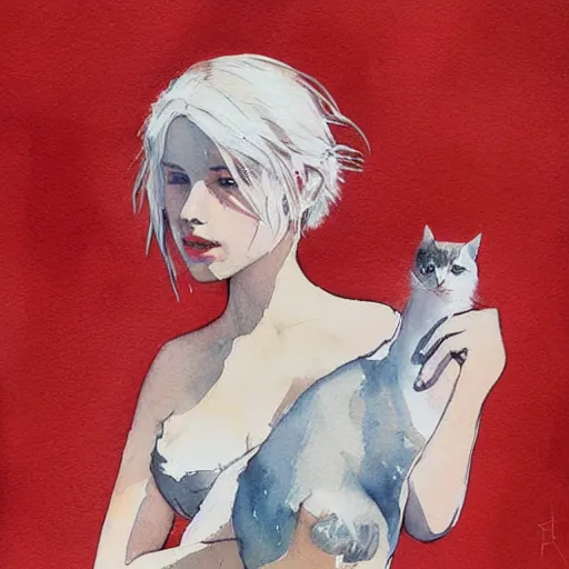 Prompt: Ciri holding a cat, art, minimalistic painting, watercolor on paper, high quality, by Conrad Roset, by Edgar Degas