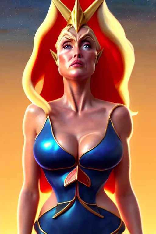 Prompt: polished sweaty she - ra : : gillian anderson kate upton : : christina hendricks body : : weta disney pixar movie still photo : : hi - fructose, sci fi, fantasy, decadent highly - detailed digital painting, golden ratio, octane render, artstation, smooth, sharp focus, artgerm, mucha, loish, wlop : :