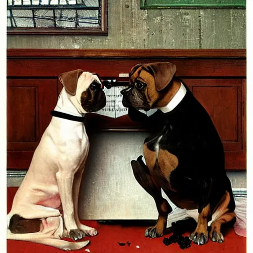 Image similar to two boxer dogs getting married, Norman Rockwell