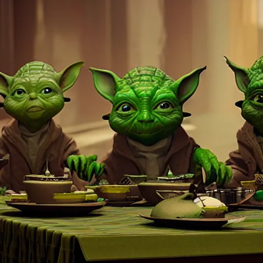 Image similar to green mice with yoda ears at a tea party, greg rutkowski and jason chan highly detailed cinematic lighting octane render unreal engine