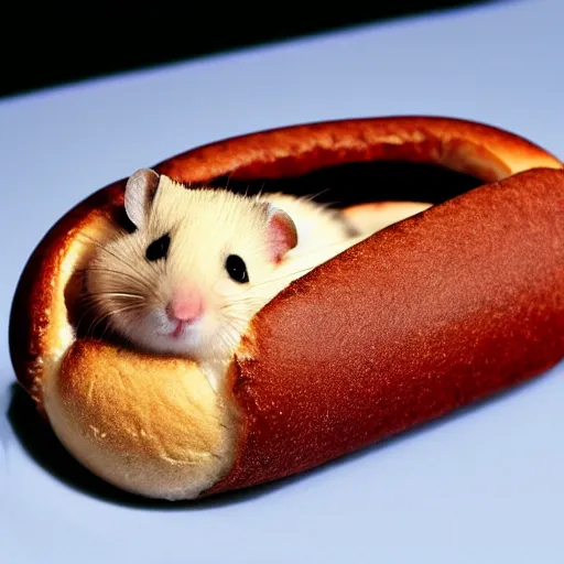Prompt: photograph of a hamster in a hot dog bun, studio lighting