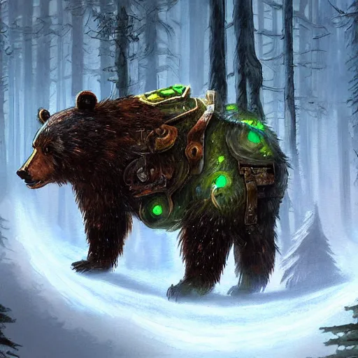 Prompt: a beautiful painting of a mechanical bear walking through a boreal forest, world of warcraft concept art