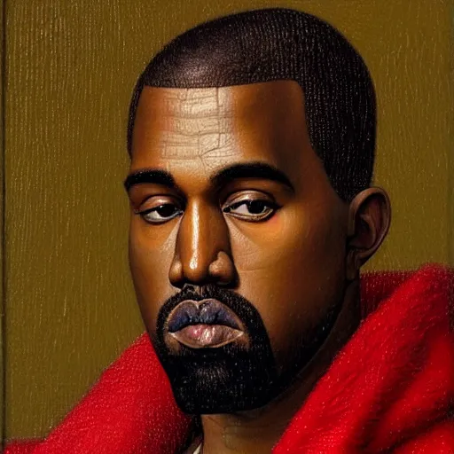 Prompt: portrait of kanye west, oil painting by jan van eyck, northern renaissance art, oil on canvas, wet - on - wet technique, realistic, expressive emotions, intricate textures, illusionistic detail