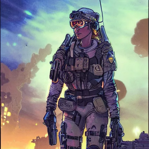 Image similar to Maria. USN special forces futuristic recon operator, cyberpunk headset, on patrol in the Australian neutral zone, deserted city landscape, skyline lit by flares. 2087. Concept art by James Gurney and Alphonso Mucha