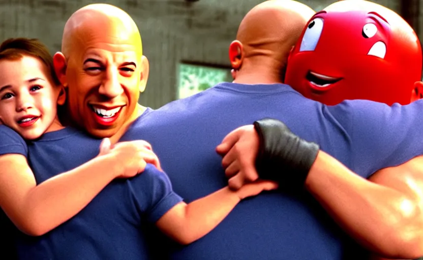 Prompt: lightning mcqueen hugging vin diesel