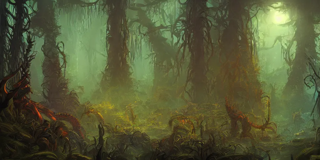 Image similar to centipede monster in futuristic spiritual mystical post apocalyptic forest by ron gilbert, dim painterly volumetric aquatic lighting, beautiful, crisp, artstation, highly detailed