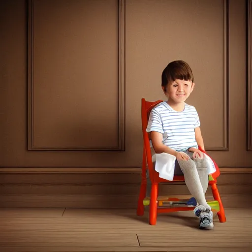 Image similar to Small kid, sitting on a chair in backrooms, high detailed, realistic photo