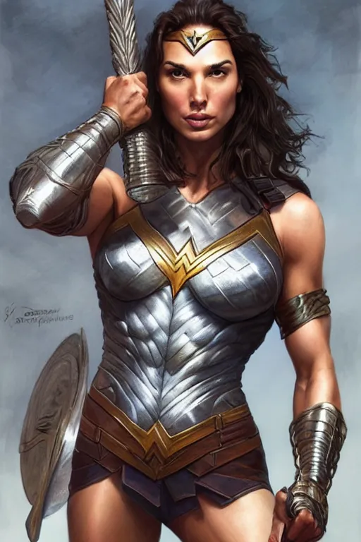 Image similar to muscled gal gadot as a ruggedly handsome heroine, intricate, elegant, highly detailed, centered, digital painting, artstation, concept art, smooth, sharp focus, illustration, art by artgerm and donato giancola and Joseph Christian Leyendecker, Ross Tran, WLOP