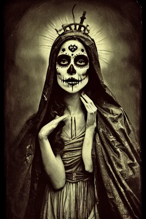 Image similar to photogravure, tintype virgin mary in dia de muertos dress and make up, horrific beautiful vibe, evocative, atmospheric lighting, painted, intricate, highly detailed, leesha hannigan, wayne haag, reyna rochin, ignacio fernandez rios, mark ryden, iris van herpen, stunning, gorgeous, sharp focus, cinematic, masterpiece