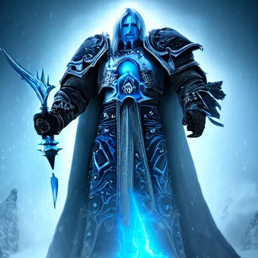 Prompt: arthas menethil as the lich king from world of warcraft, cinematic lightning, medium shot, mid-shot, highly detailed, trending on Artstation, Unreal Engine 4k, cinematic wallpaper