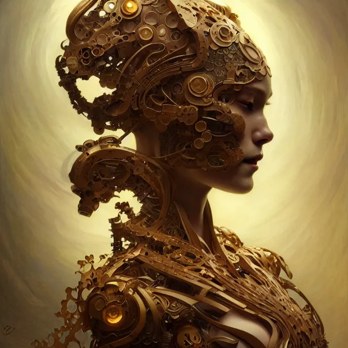 Image similar to organic cyborg, japanese wood carving, diffuse lighting, fantasy, intricate, elegant, highly detailed, lifelike, photorealistic, digital painting, artstation, illustration, concept art, smooth, sharp focus, art by John Collier and Albert Aublet and Krenz Cushart and Artem Demura and Alphonse Mucha