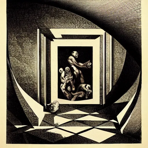 Image similar to lithography on paper secret layer dungeon conceptual figurative post - morden monumental dynamic portrait by goya and escher and hogarth, illusion surreal art, highly conceptual figurative art, intricate detailed illustration, controversial poster art, polish poster art, geometrical drawings, no blur