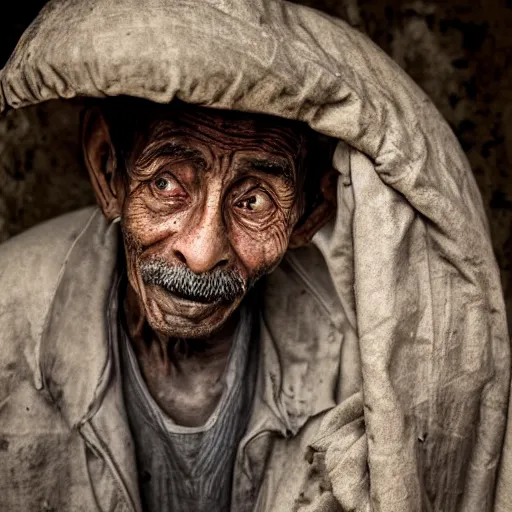 Prompt: Portrait of an aged mushroom seller with a haunted expression and a wrinked gaunt face. Deep shadows and highlights. f/2.8 ISO 1600. Shutter speed 1/60 sec. Lightroom.