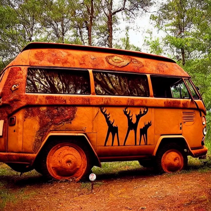 Image similar to picture of ancient vw bus, mammoths and hunters, ancient prehistoric rock art in a cave style, red ocher paint