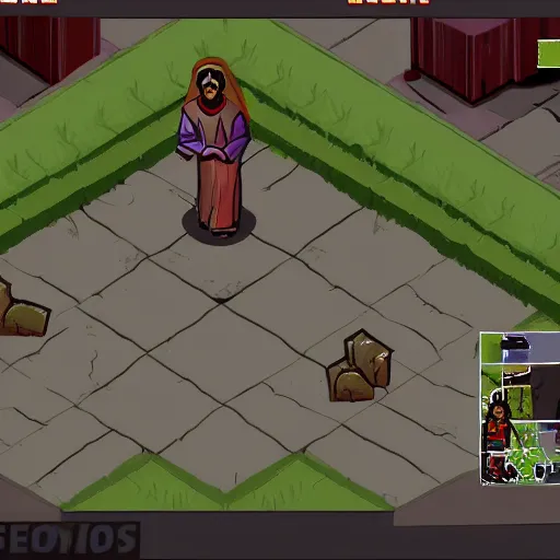 Image similar to jesus as a character in project zomboid, in - game screenshot, isometric, video game