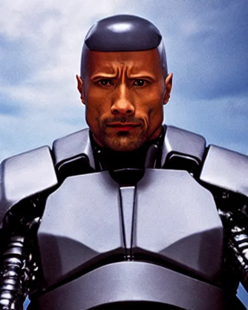 Image similar to film still close - up shot of dwayne johnson as robocop from the movie robocop. photographic, photography