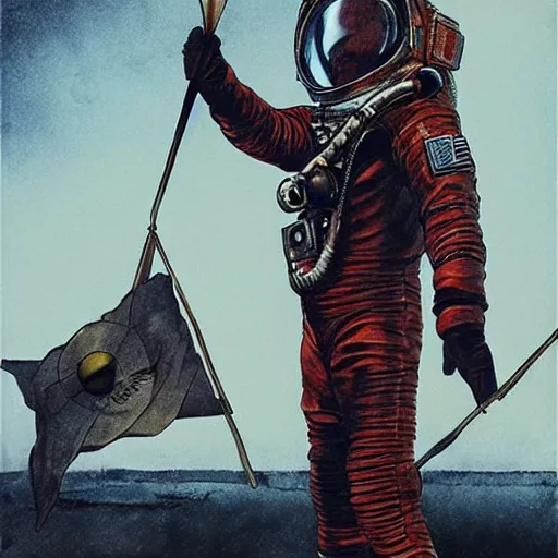 Image similar to [Leather and rust cosmonaut holding a checkered flag, very detailed, cinematic lighting, matte, sharp, photography, art by enki bilal]