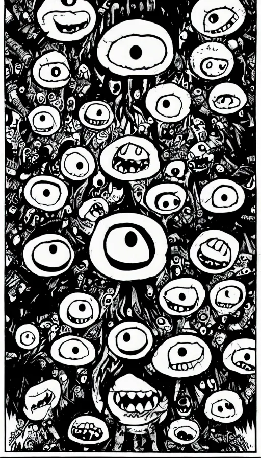 Image similar to a storm vortex made of many demonic eyes and teeth, by jhonen vasquez